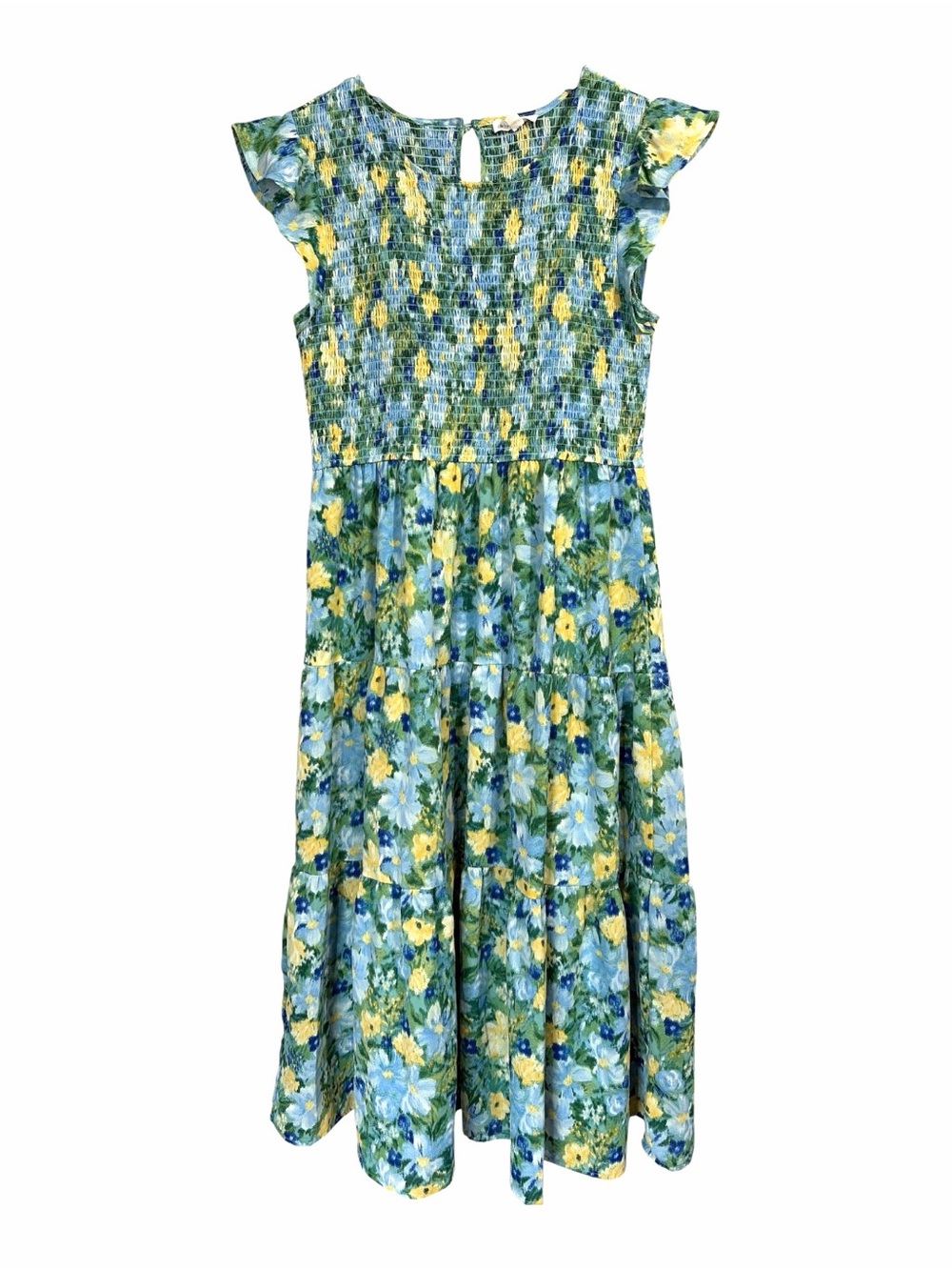 Blu Pepper Vibrant Blue Green and Yellow Smocked Top Midi Dress Size Large - Picture 3 of 9